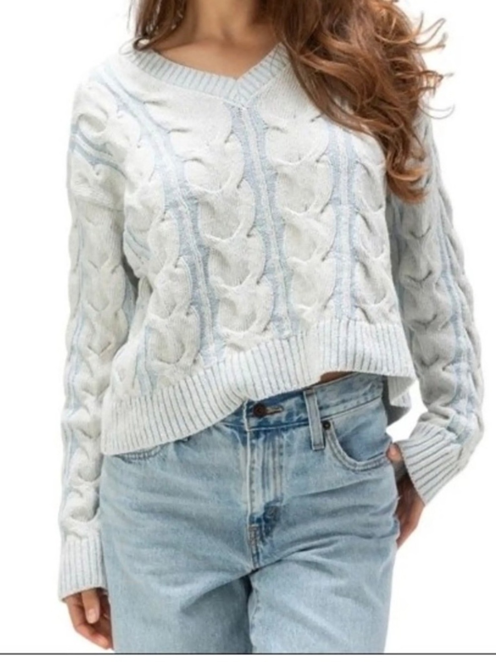 Free People Light Blue/Washed Cable Knit V-Neck Sweater